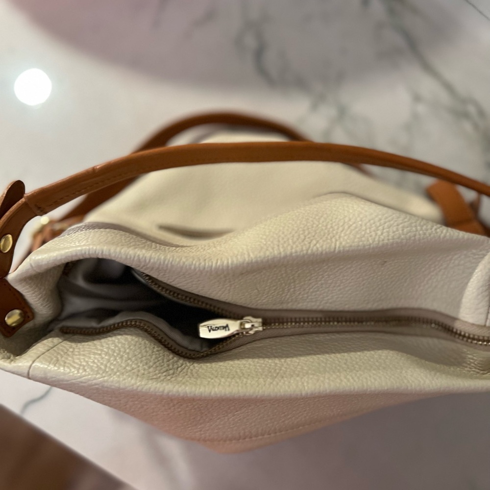 Valentina leather satchel/purse color cream and tan straps . Handles - Picture 9 of 15